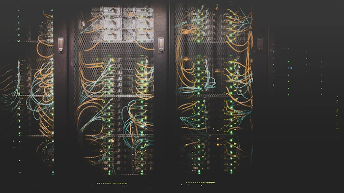 Fileira de racks de servidores com luzes indicadoras