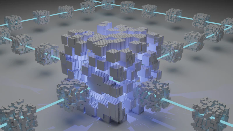 Visualização abstrata de conexões de rede em tons de azul e laranja